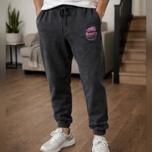 Roots Gray Jogger Sweatpants Size M Pink Logo Cotton Blend Athletic Lounge Pants